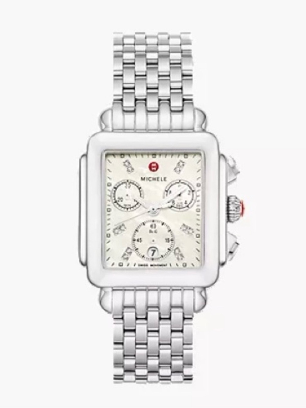 Michele Silver Stainless Steel Chronograph Watch with White Dial